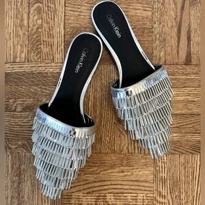 LIKE NEW Calvin Klein fringe mule metallic slide